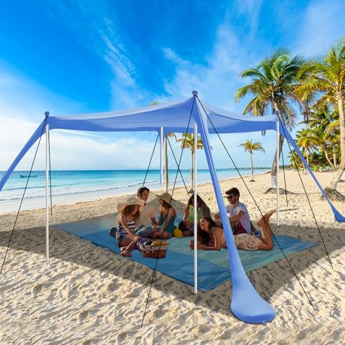 Riggo Tienda de playa, toldo SPF 50+, 3 × 3 m, con pala de arena, piquetas y barras de estabilidad, protección contra viento y sol, camping, pesca, diversión