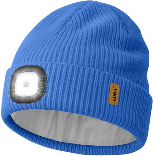 ATNKE LED Mütze mit Licht, USB Wiederaufladbare 4 LED Beleuchtete Laufmütze Freihändig Stirnlampe Winter Warm Strick Mütze mit Fleece Gefüttert Geschenke für Herren Väter und Damen