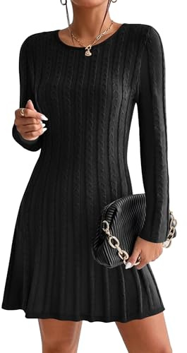 HOTOUCH Womens Jumper Dress Winter A-Linie Sweater Dresses Jumpers Mididress Knit Fall Long Sleeve Winter Casual Solid Black XL