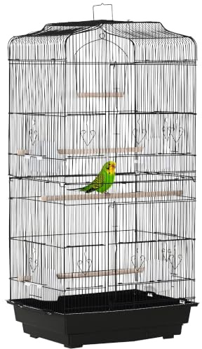 PawHut Bird Cage with Perches for Small Bird 46.5 x 35.5 x 92cm Black | Food Bowls, Swing, Parrot Cage for Budgie, Parakeet