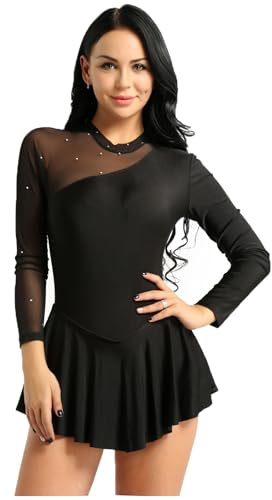 Yhong Costumi Da Pattinaggio Danza Balletto Ginnastica Donna Bambina Body Con Gonna Sportivo Manica Lunga Collo Halter Femminile Nero Small