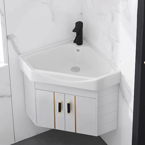 Eckwaschbecken aus Keramik zur Wandmontage mit Aufbewahrungsbehälter – Kompakter 17 x 47 cm großer Eckwaschtisch für platzsparende Badezimmerlösungen