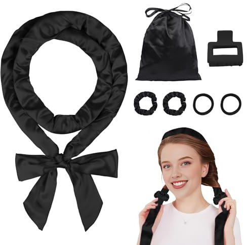 Ystrybo Satin Lockenwickler über Nacht Hair Curler, Heatless Curls Band Locken ohne Hitze für lange Haare, Overnight Curls Lockenband Locken über Nacht, Lockenwickler ohne Hitze Set – 7 PCS, Schwarz