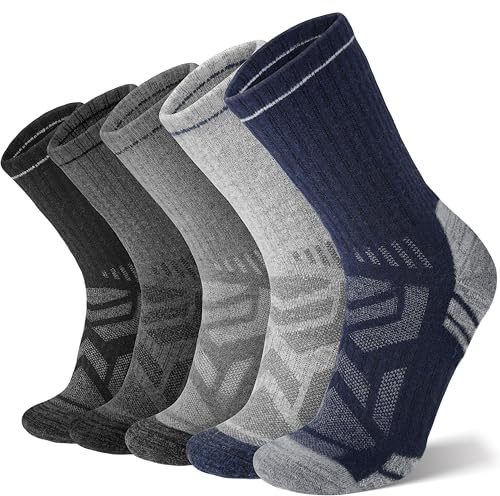ANTSANG Merino Wool Hiking Socks, Enhanced Breathability, Targeted Cushion Thermal Socks for Men and Women, 5 Pairs(Blue/Gray/Black, M)