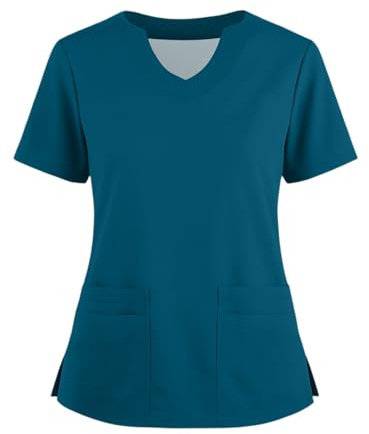 Scrub Tops for Women UK Medical Uniforms & Scrubs Nurses Tunic Tops Classic Plus Size T Shirt for Office Soft Short Sleeve SLI T Shirt Solid V Neck with Pockets Shirt Cyan