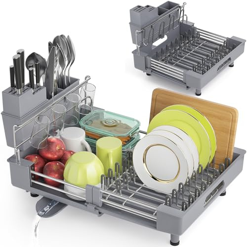 FREEAMG Extendable Dish Drainer Rack with Removable Cutlery Holder & Glass Holder, Stainless Steel Kitchen Drying Rack with Swivel Drainage Spout, Sink Dish Drainer for Kitchen Counter(Grey)