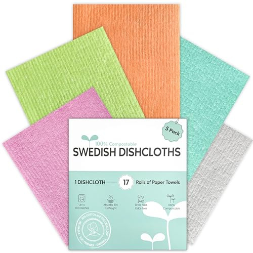 Auggee Swedish Dishcloths for Kitchen, 5 Pack Swedish Dish Cloths, Ultra Absorbent Reusable Paper Towels, Cellulose Sponge Cloths, Quick Drying, No Odor, Dishwasher Safe
