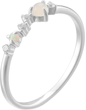 Ayoiow Vorsteckring Echtgold für Damen, Opal und Moissanit Runden Ring Schmuck Damen Gold, 14 Karat Weißgold Größe 60 (19.1)