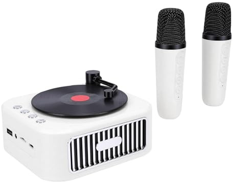 Jiawu Mini Máquina de Karaoke, Altavoces Portátiles Bluetooth 5.3 HiFi con 2 Micrófonos Inalámbricos y Cambio de Voz, Batería de 5 Horas, Tocadiscos Retro, Altavoces Bluetooth (White)