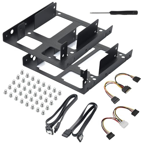 ELUTENG Adaptateur Cadre Double Montage 2.5 vers 3.5 pour 2 SSD/HDD - Pack de 2 avec Câbles SATA et Splitter Alimentation Inclus - Support Rack Baie PC Fixation