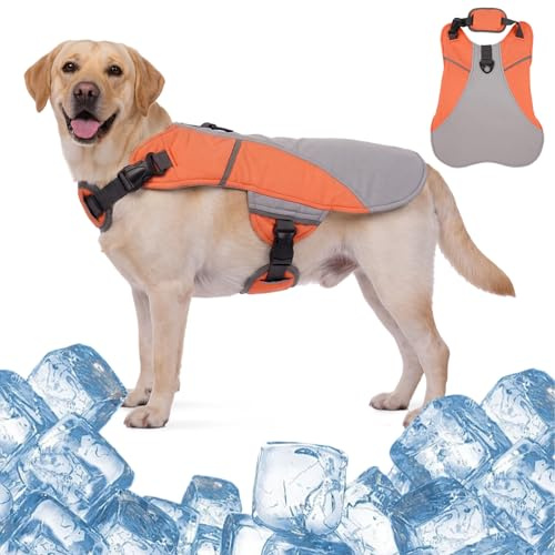 OUOBOB Kühlweste für große Hunde, verstellbare Netzjacke für Hals und Bauch, mit reflektierenden Streifen und D-Ring, für Wandern, Strand, Park im Sommer (Orange, Größe 2XL)