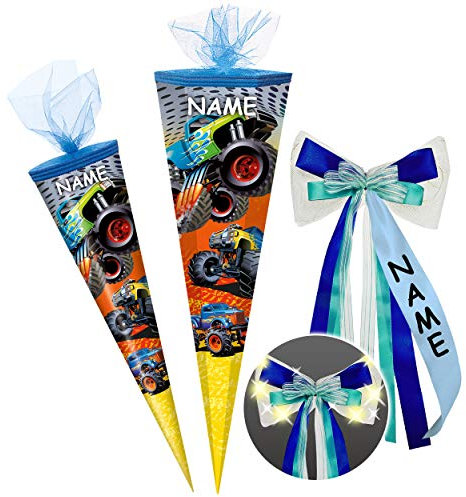 alles-meine.de GmbH Schultüte - Monster-Truck - Auto/Geländewagen - 85 cm - 6 eckig - incl. Name und individueller großer LED LICHT - Schleife - Tüllabschluß - Zuckertüte - mit..