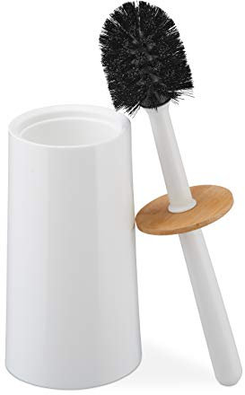 Relaxdays Scopino da Bagno, Porta Spazzolone in Bambù e Plastica, Scovolino per Water con Coperchio, bianco