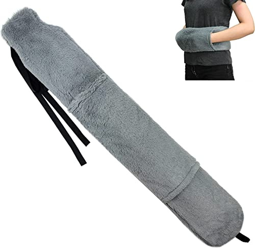 Owozoi Lång varmvattenflaska med lurvigt skydd – mjukt fuskpälsöverdrag med rem och handficka, 72 cm helkropp vira runt varmvattenflaskor långa för midja, hals, termoterapi, sängvärmare (mörkgrå)