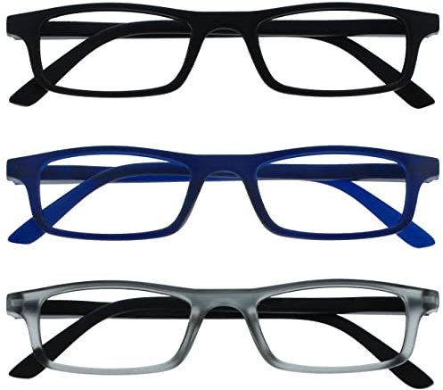 OPULIZE Ted Gafas de Lectura Pack de 3 Estrechas y Ligeras Negro Mate, Azul Marino Mate y Gris Transparente Bisagras con Muelle Resistentes a los Arañazos Hombre Mujer RRR17-137 +2.50