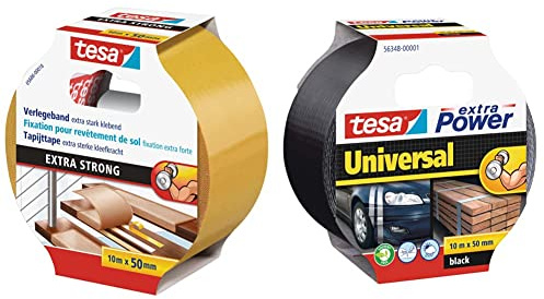 tesa Verlegeband extra stark klebend - Doppelseitiges Klebeband zum Verlegen von Teppich und PVC-Belag - doppelseitig klebend - 10 m x 50 mm & extra Power Universal Gewebeband - Schwarz - 10 m x 50 mm