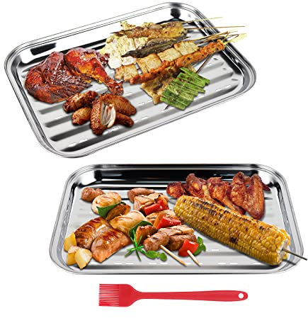 LncBoc Set di 2 cesti per Barbecue in Acciaio Inox, 35 x 24 x 2,7 cm, rettangolari per Grigliare all'aperto, Vassoio in Acciaio per Grigliare Carne, Pesce, Verdure con Fori