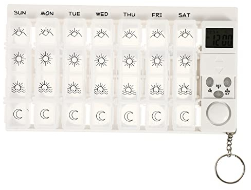 Warmhm Wöchentlicher Medikamenten Organizer 7 Tage mit Alarm Beleuchtetem Lcd Display 28 Fächern und Herausnehmbarem Timer Weiße Pillenbox Medikamenten Uhr