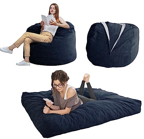 MAXYOYO Lit de Sac de Haricots - Se transforme d'un Fauteuil Poire de Haricots en Lit - Pouf Poire avec Housse Douce et Rembourrage Moelleux Inclus pour Adulte, Invités (Bleu Foncé, Plein)