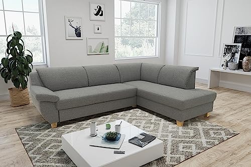 DOMO. collection Ecksofa Panama, Schlaffunktion, dunkelgrau | Ottomane rechts mit Schlaffunktion, gepolsterten Armlehnen und Holzfuß, 254 x 186 x 80 cm (BxTxH)