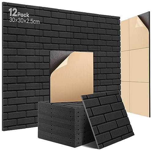 Akustikschaumstoff Selbstklebend 12 Stück Wandpaneele Ziegelstein Design Schalldämmung Hochdichte schaumstoffplatte akustikpaneele für Podcast Aufnahmestudio Schallschutz 30x30x2.5cm
