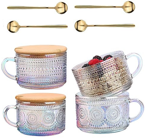 Vintage Glass Coffee Mugs Set of 4,Clear Embossed Glass Tea Cups with Bamboo Lids and Spoons, Cute Coffee Bar Accessories, for Cappuccino, Latte, Overnight Oats, Cereal,Yogurt,Gift(Rainbow)