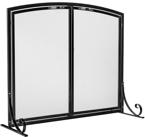 Idzo 98.0 x84.5 cm 2-Panel Kamingitter mit Türen Stabile Kaminsperre mit pulverbeschichtetem Stahlrahmen Handgefertigtes massives Schmiedestahl-Dekorgitter Feuerschutzgitter Funkenschutzgitter Schwarz