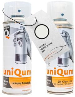 UniQum Autolack + Klarlack 2K Spraydose für NISSAN SUPER WHITE 326 Autolack Reparatur 2 x 400 ml