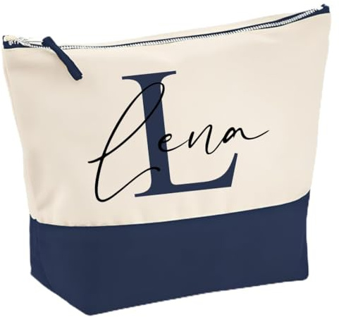 Personalisierte Kosmetiktasche - Schminktasche personalisiert - Kosmetikbeutel - Geschenk Freundin - Geburtstagsgeschenk - Weihnachten (Natur/Blau, M)