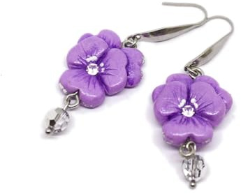 Orecchini Pendenti in Acciaio con Fiore Viola del Pensiero Fatto a Mano | Fiore Viola del Pensiero Fatta a Mano, Base in Acciaio