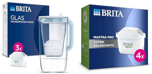 BRITA Glas Wasserfilter-Kanne hellblau (2,5l) inkl. 3x MAXTRA PRO All-in-1 Kartusche & Wasserfilter-Kartusche MAXTRA PRO Extra Kalkschutz – 4er Pack