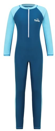 FEESHOW Kinder Jungen Mädchen Neoprenanzug Lang Einteiler Bademode Langarm UPF 50+ Schwimmanzug zum Surfen Schnorcheln Himmelblau 146-152