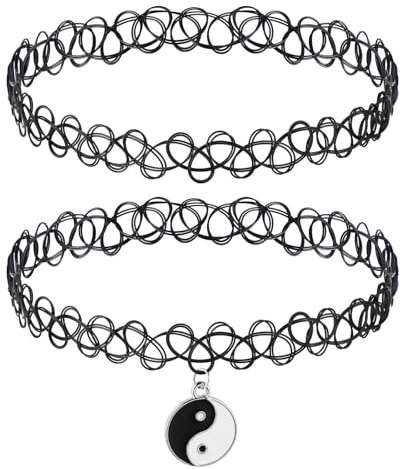 2 Stücke Tattoo Kette 90s Retro Damen Schwarz Choker mit Anhänger Klassisches Gothic Punk Choker für Damen Retro Halloween Karneval Party Kostüm Zubehör