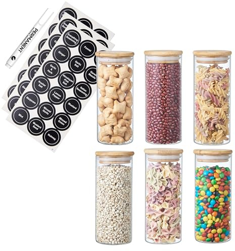 ORNAMI Glass Storage Jar with Bamboo Lid | Small Canister for Spice Storage, Grains and More | Durable Spice Container with Silicone Seal - Set of 6 (350ml)