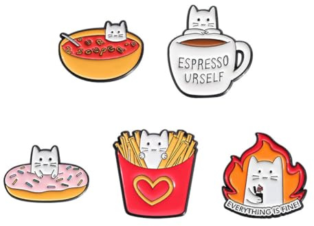 5Pcs Cute Cat with Food Enamel Pin Set - Everything Is Fine Brooches, Funny Cartoon Animal Food Badge, Accessory Jewelry for Clothing, Bags, Jackets