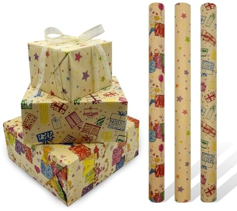 3 Rollen Geschenkpapier aus Kraftpapier, 16,9 Zoll x 10 Fuß Geburtstagsgeschenkpapierrolle, geeignet für Geburtstage, Partys, Hochzeiten, Babypartys, Festgeschenkdekorationen