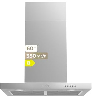 EVVO Hotte aspirante 60 cm largeur décorative, puissance 350 m³/h, 3 vitesses, lumière LED, efficacité énergétique B