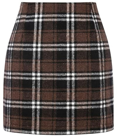 DINGJIUYAN Womens Plaid Mini Skirt Faux Wool Tartan Tube Pencil Short Skirts High Waist Bodycon Skirt Autumn Winter Spring Dark Coffee L