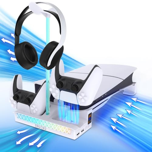 Sehawei Support Horizontal PS5 Pro/Slim avec Ventilateurs de Refroidissement à 2 Niveaux, Support de Base de Chargeur Manette ps5 et Support de Casque pour Console PS5 Slim/Pro (Not pour P5 2020)