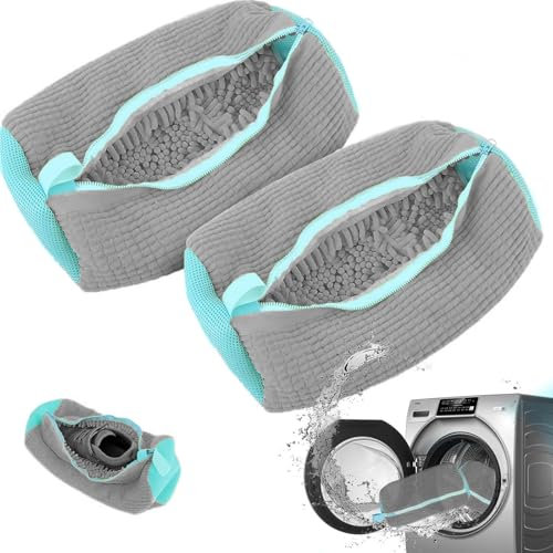 Shoe Cleaning Bag,Shoe Washing Bag for Washing Machine,Laundry Bag for Shoes,Fluffy Fibers 360° Wrap-Around Cleaning,Reusable Washer Shoe Bag for All Shoe Types and Sizes (Grey 2PCS)