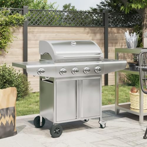 Tidyard Barbecue à gaz avec 5 brûleurs argenté Acier Inoxydable Fumoir à Four Multifonctionnel Gril d'extérieur pour Fumer, Griller et Cuire Style C