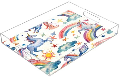 Magical Unicorns Rainbows Watercolor Acrylic Serving Trays, Clear Rectangular Tray with Handles Serving Platter for Coffee Table Kitchen Bathroom