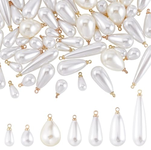 AHANDMAKER 70Pcs Teardrop Imitation Pearl Pendants, 7 Styles Resin Brass Pearl Water Drop Charms, Teardrop Pearl Bead Charms with Golden Brass Findings for Earring Necklace Bracelet DIY Jewelry Making