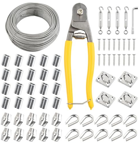 50m Cuerda Tendedero Exterior 3mm, 67 Pcs Kit Cable Acero Recubierto PVC 7x7 con 4 Tensores de Alambre, 20 Lazo de Engarce, 10 Abrazaderas, 10 Guardacabos Cable, Tensor Cuerda Tendedero para Jardín