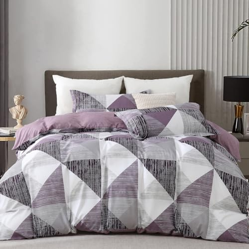 WONGS BEDDING Duvet Cover Set King Size Geometry Beddding Set with pillowcases for Teens Adults Soft Microfiber Polyester Geometry Quilt Set, Purple, 220x230cm