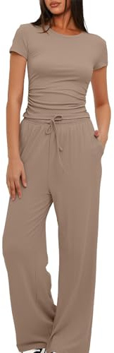Mobeur Women 2 Piece Set Outfit Summer Casual Tracksuit Short Sleeve Crop Tops and Drawstring High Elastic Waisted Wide Leg Pants Tracksuit Yoga Joggers Suit Lounge Wear Full Sets