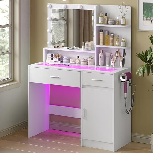 HuaYing White Vanity Desk with Mirror and Lights, Vanitys with Glass Top & Power Outlet, Dressing Table with 36 Lighting Modes Brightness Adjustable RGB Drawers, for Women Girls Bedroom (White)