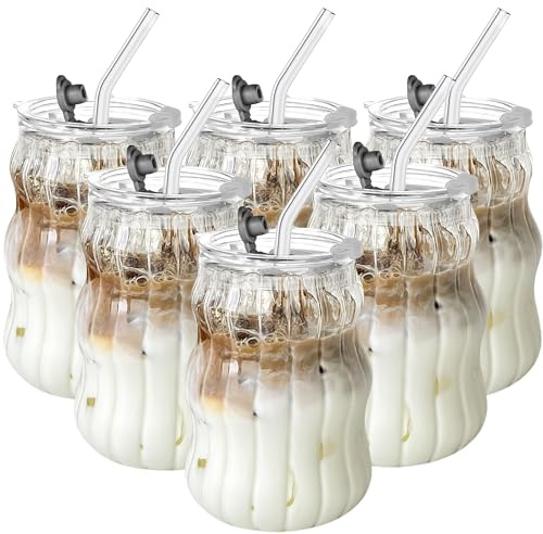 KEMORELA Set of 6 Iced Coffee Glasses with Lids and Straws, 530ml Ribbed Glass Cups for Matcha Latte, Bubble Tea & Smoothies, Clear Wavy Drinking Glasses for Home Café