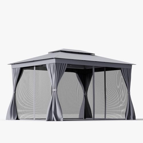 GOPLUS Cenador Jardín Exterior 3 x 4 M, Pabellón Estable con Marco de Metal, 8 Estacas, Pérgola Impermeable con Techo Doble, Orificios de Drenaje, Carpa para Barbacoa con Paredes Laterales, Mosquitera