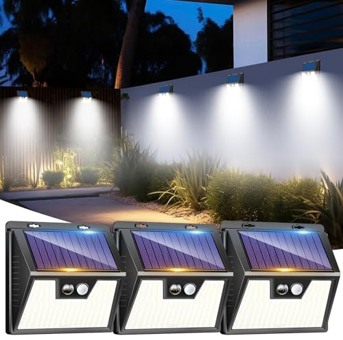 LOTMOS 3 Pezzi Luce Solare Led Esterno, 176 LED Faretto Led da Esterno con Sensore di Movimento, IP65 Impermeabile 3 Modalità Luci Lampada Solare da Esterno per Giardino Garage, Bianco Freddo